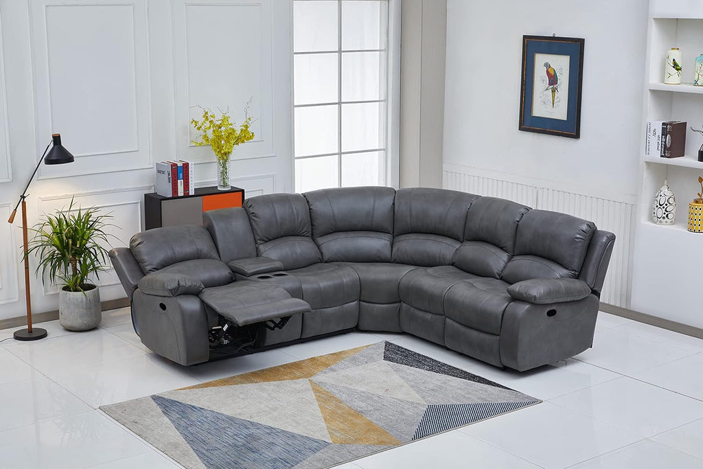Chateau Royale Grey Bonded Leather Sectional Sofa 3 Recliners