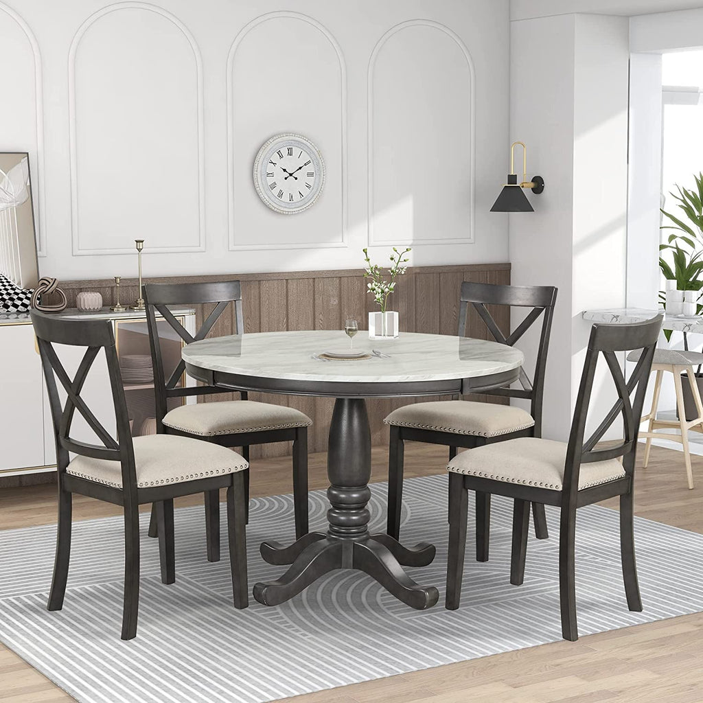 The Valentina Wood 5-Piece round Dining Table Set with Cushioned Chairs