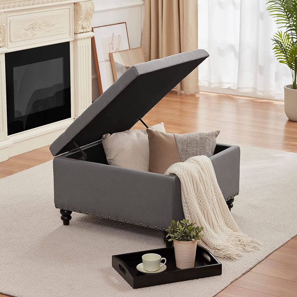 The Valentina Grey Tufted Ottoman with Storage and Tray