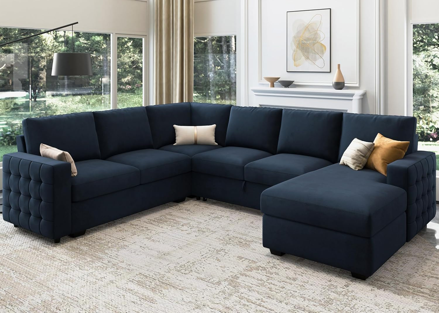 The Sovereign Dark Blue U-Sectional Sleeper Sofa With Pull-Out Bed