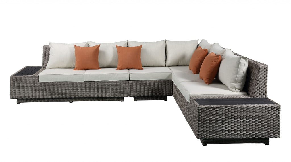 Beige Fabric And Gray Wicker Patio Set