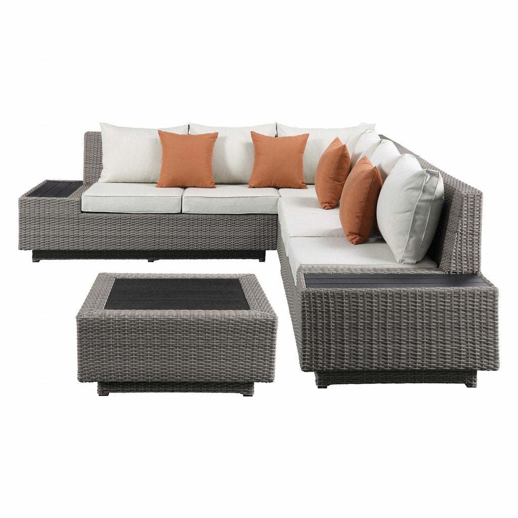 Beige Fabric And Gray Wicker Patio Set