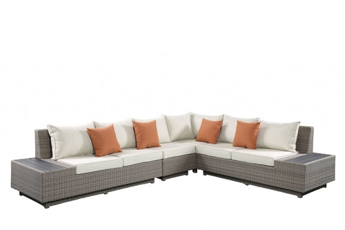 Beige Fabric And Gray Wicker Patio Set
