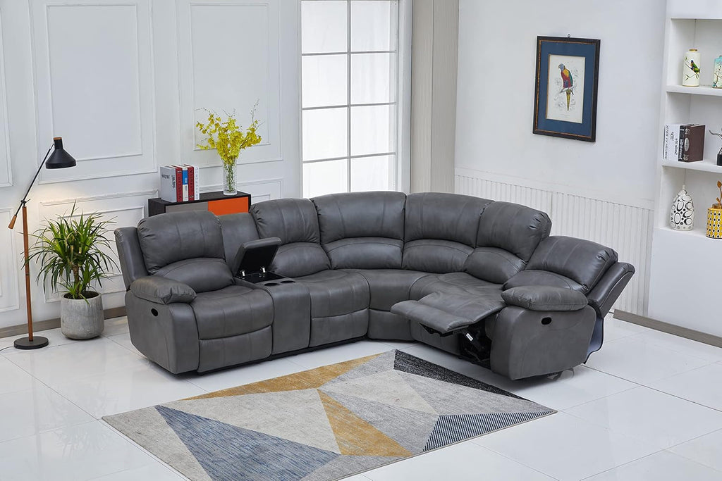 Chateau Royale Grey Bonded Leather Sectional Sofa 3 Recliners