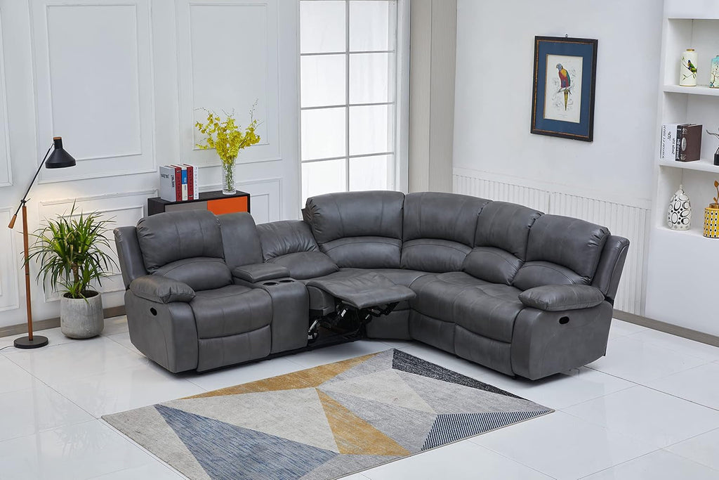 Chateau Royale Grey Bonded Leather Sectional Sofa 3 Recliners