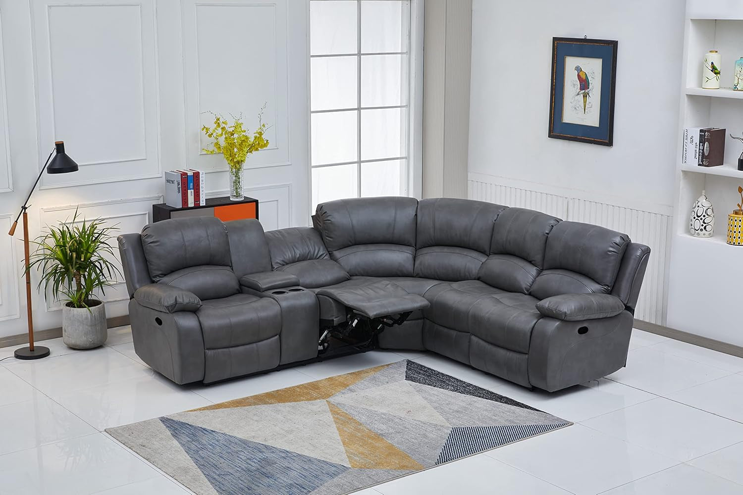 Chateau Royale Grey Bonded Leather Sectional Sofa 3 Recliners