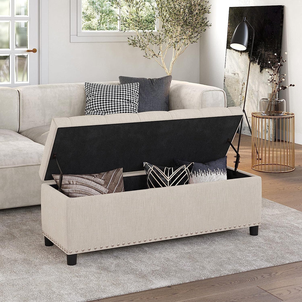 The Stella Button-Tufted Ottoman with Storage Beige
