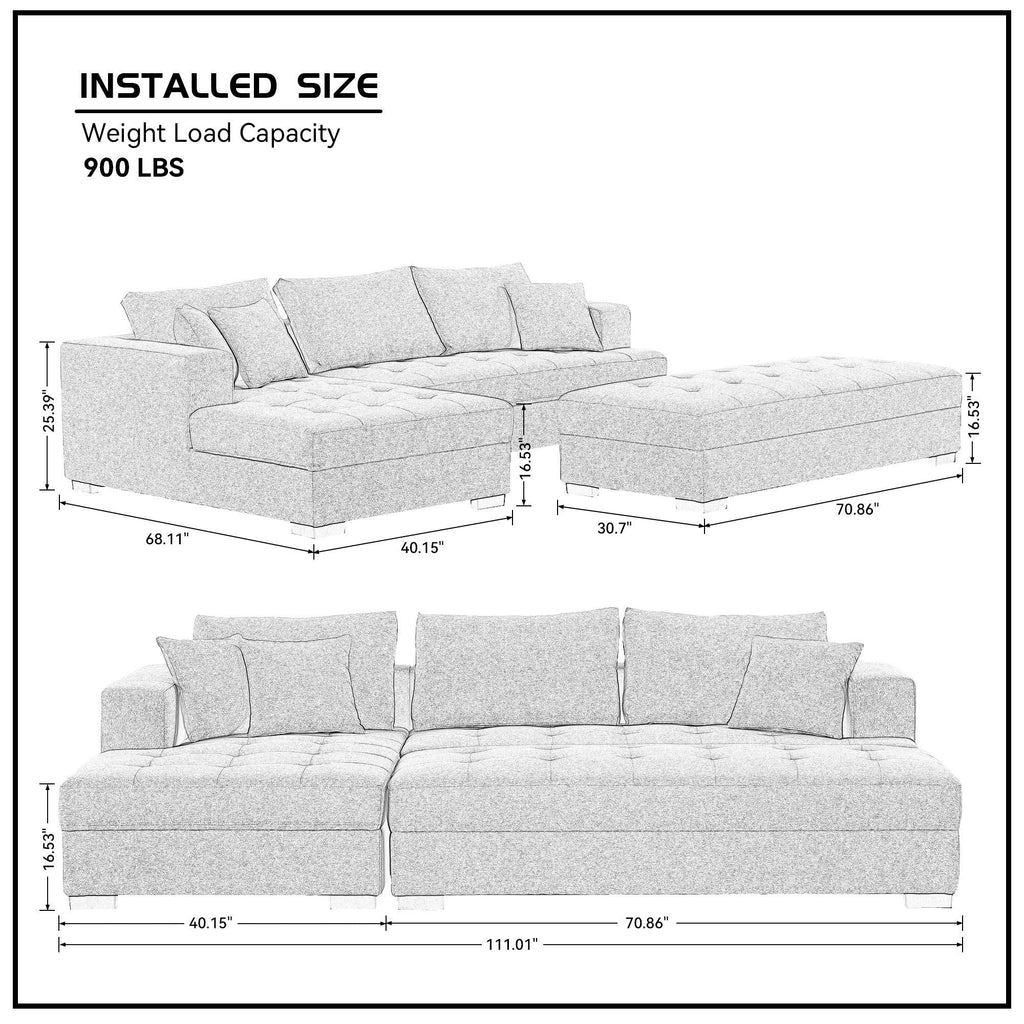 The Truitt Tufted Fabric 3-Seat L-Shape Sectional Sofa Set