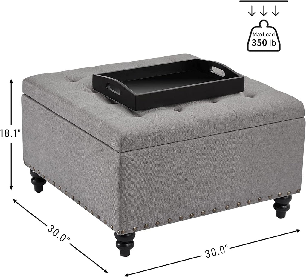 The Valentina Grey Tufted Ottoman with Storage and Tray