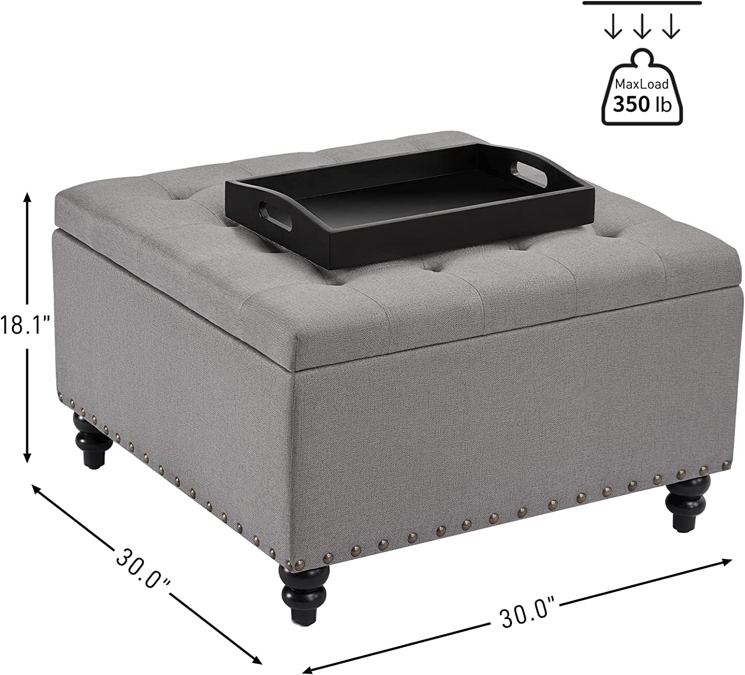 The Valentina Grey Tufted Ottoman with Storage and Tray