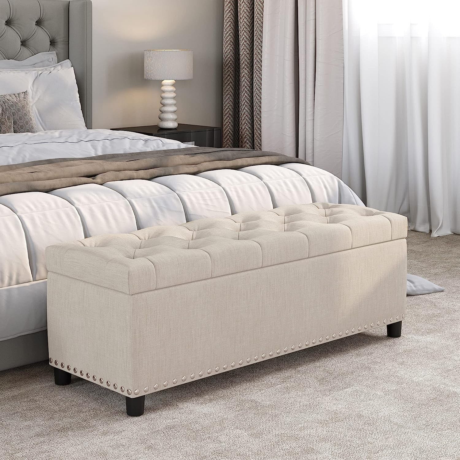 The Stella Button-Tufted Ottoman with Storage Beige