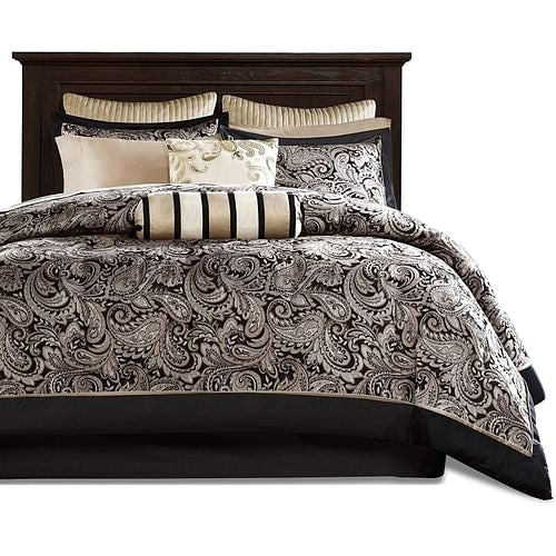 King 12 Piece Cotton Polyester Comforter Set Black Gold Paisley