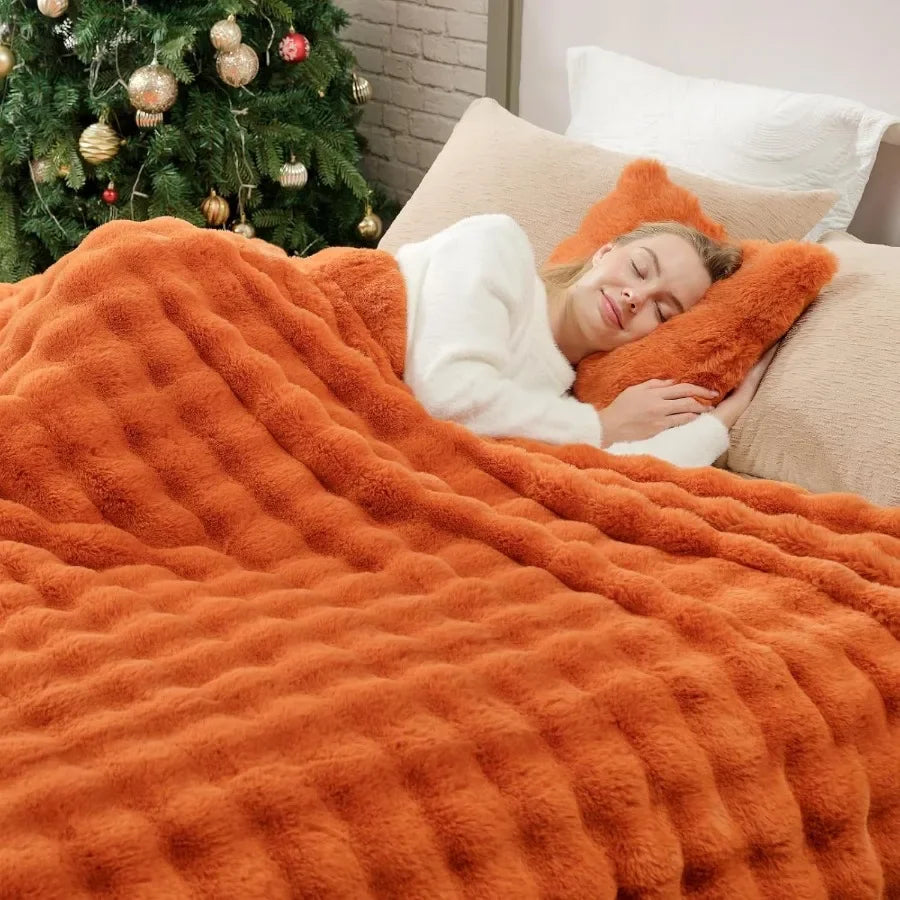Faux Fur Throw Bubble Plush Blanket Queen Size