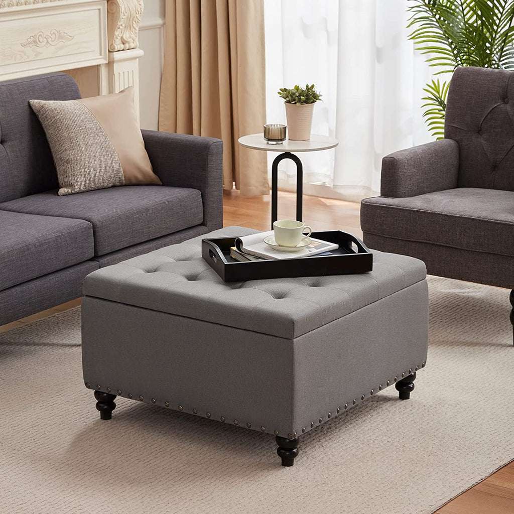 The Valentina Grey Tufted Ottoman with Storage and Tray
