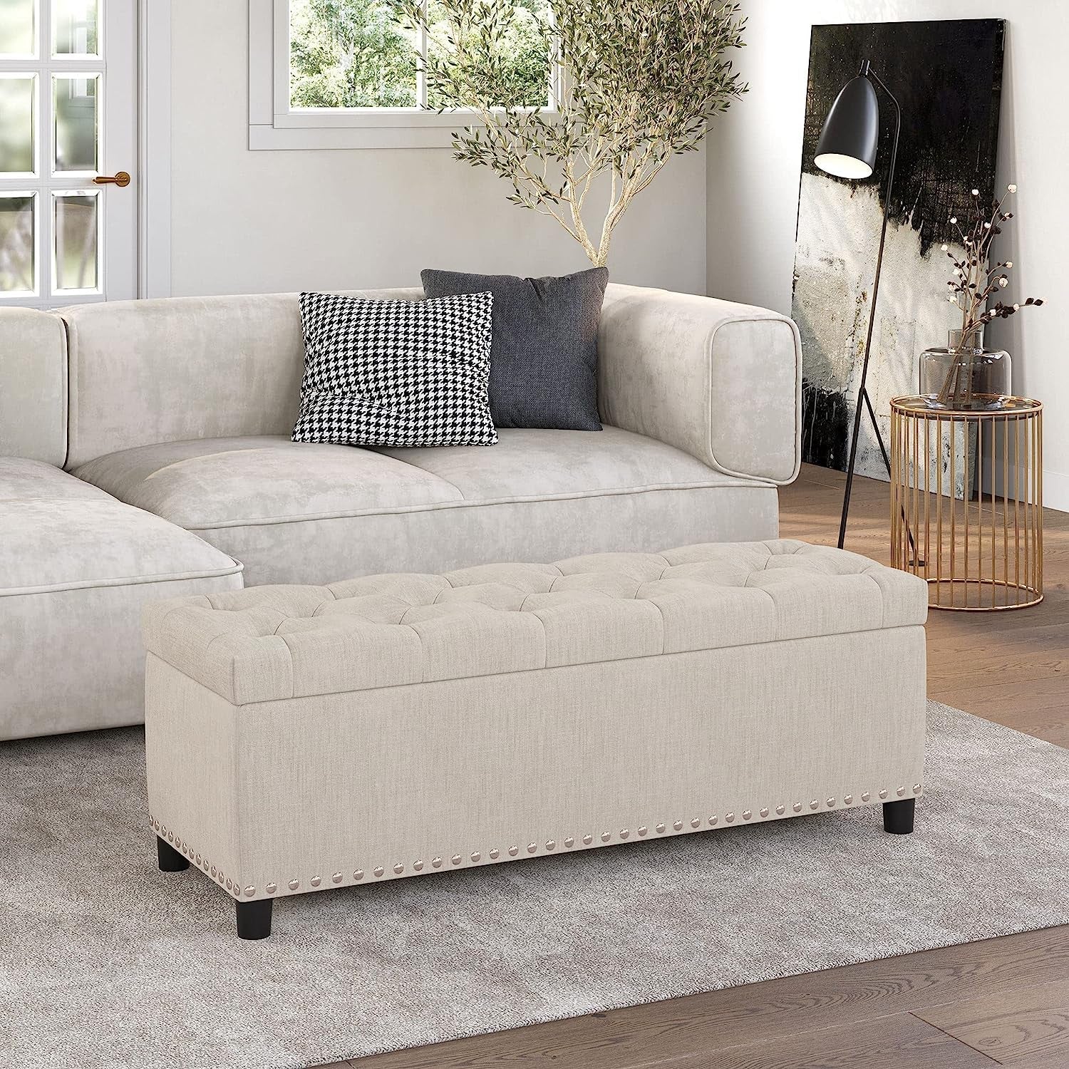 The Stella Button-Tufted Ottoman with Storage Beige