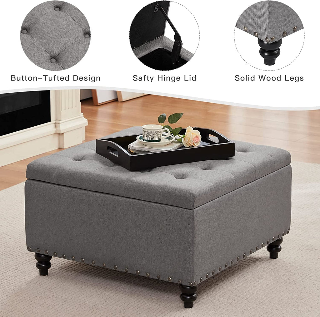 The Valentina Grey Tufted Ottoman with Storage and Tray